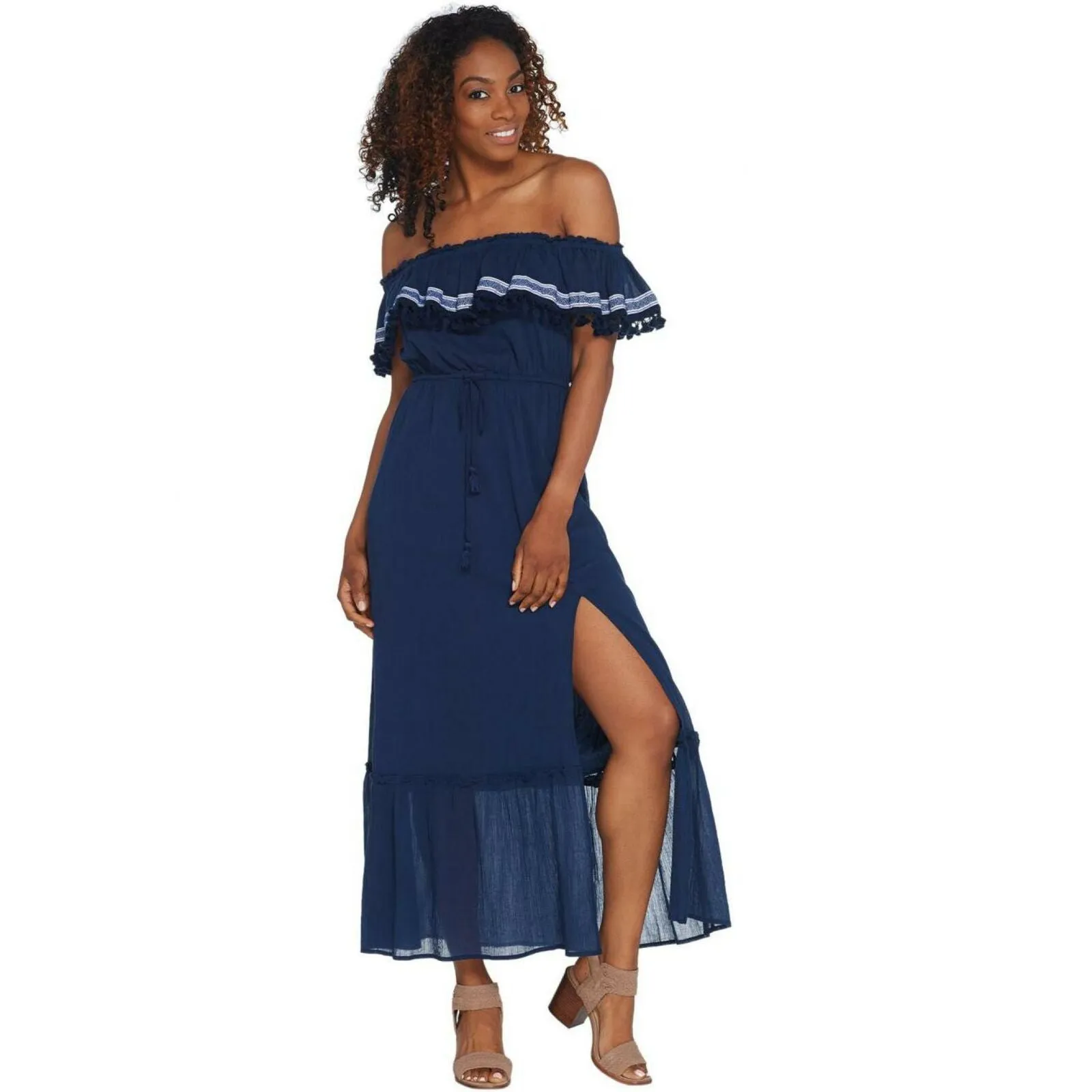 Vince Camuto Ruffled Off-the-Shoulder Belted Maxi Dress High Tide Plus 3X
