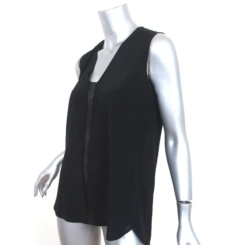 Vince Tank Top Black Leather-Trim Silk Size Small Sleeveless Blouse