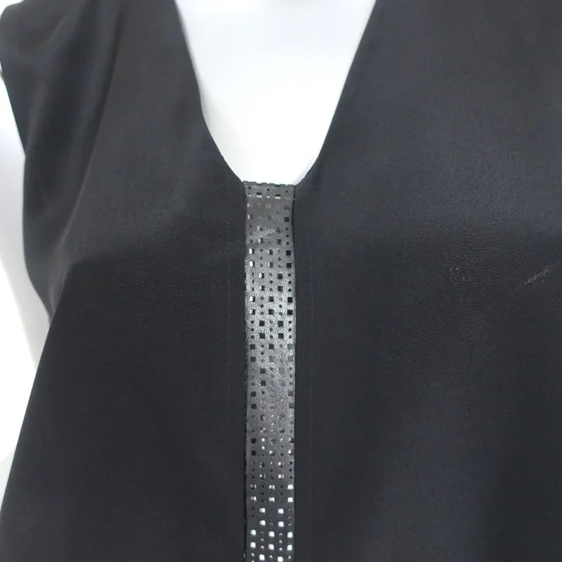 Vince Tank Top Black Leather-Trim Silk Size Small Sleeveless Blouse