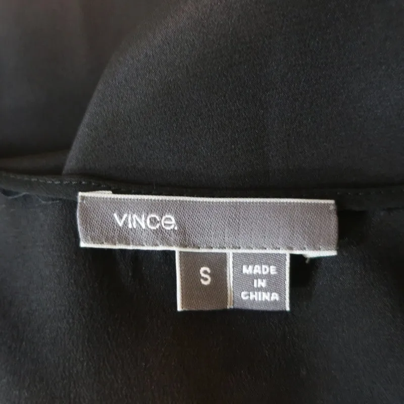 Vince Tank Top Black Leather-Trim Silk Size Small Sleeveless Blouse