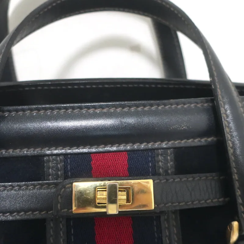 Vintage 1970s Gucci Web Stripe Doctor Bag Black Suede Medium Tote