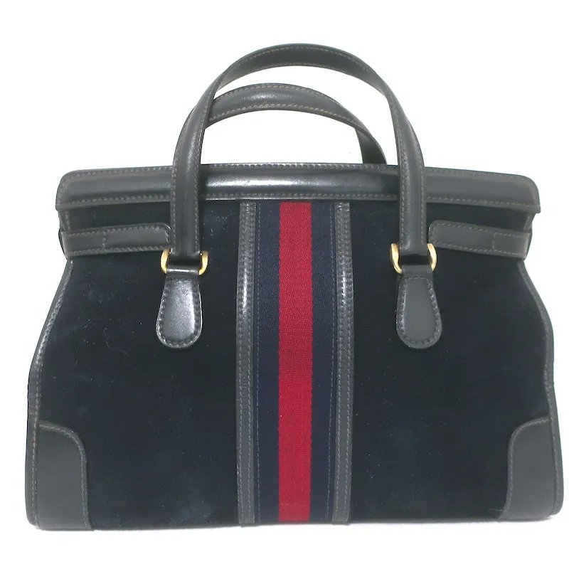 Vintage 1970s Gucci Web Stripe Doctor Bag Black Suede Medium Tote