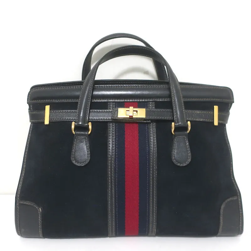 Vintage 1970s Gucci Web Stripe Doctor Bag Black Suede Medium Tote