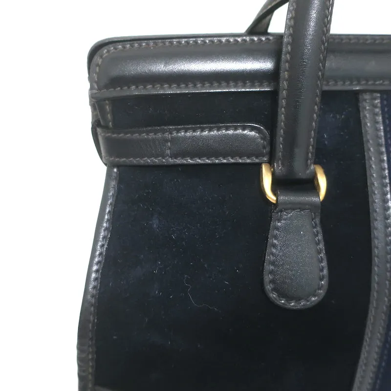 Vintage 1970s Gucci Web Stripe Doctor Bag Black Suede Medium Tote