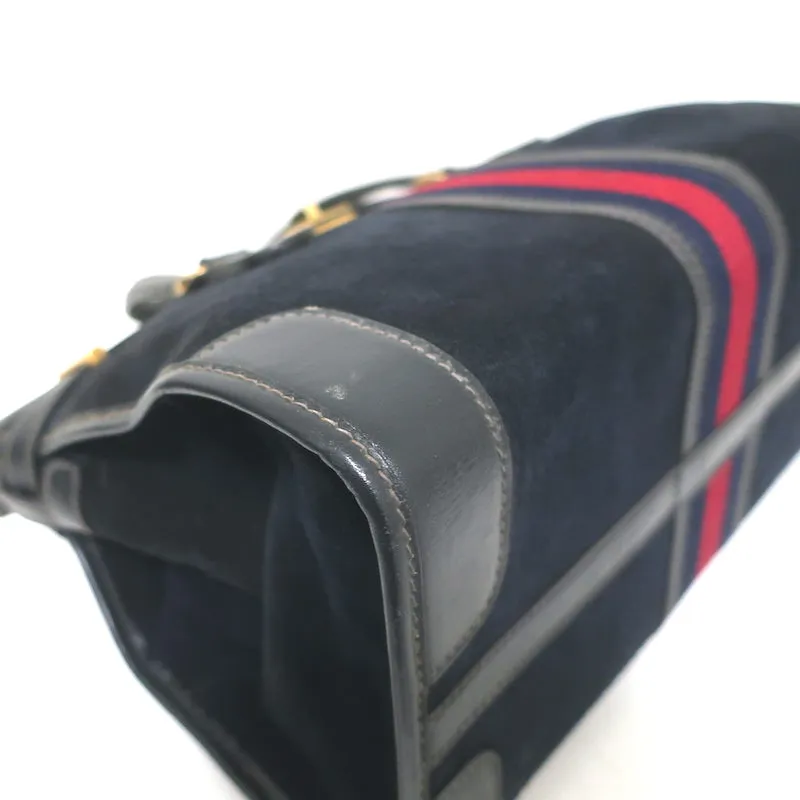 Vintage 1970s Gucci Web Stripe Doctor Bag Black Suede Medium Tote