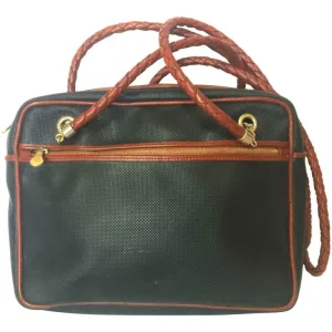 Vintage Bottega Veneta classic black shoulder bag with long brown leather intrecciato straps. Perfect purse for daily use.