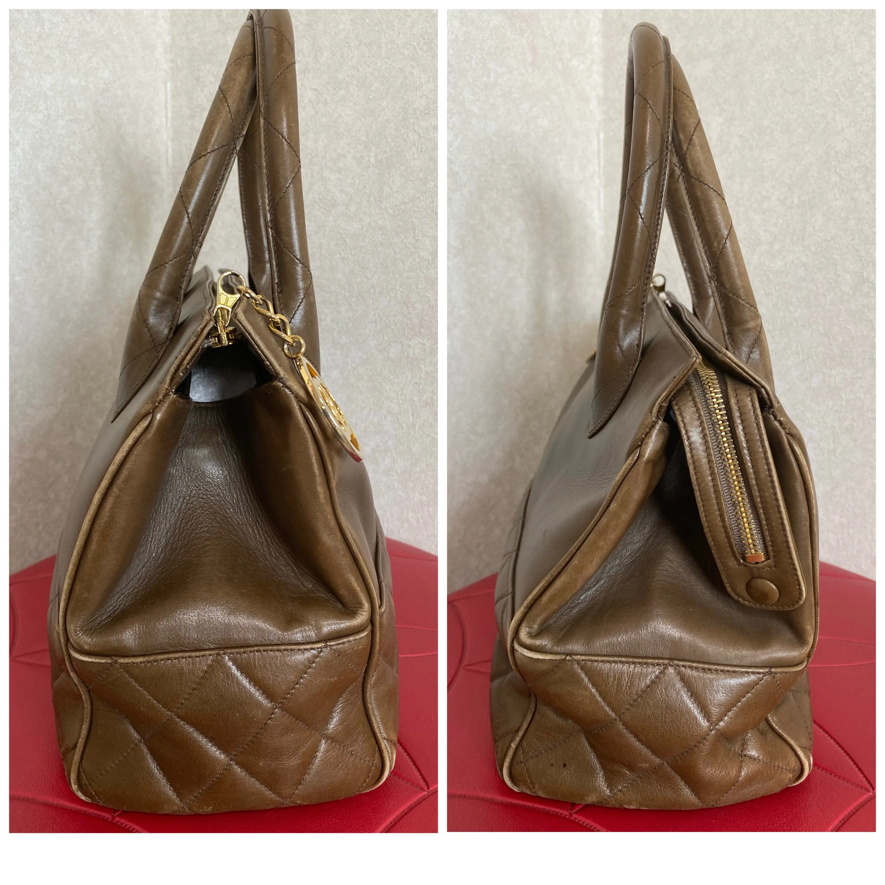 Vintage CHANEL brown lambskin matelasse tote bag, handbag golden large CC charm. Classic purse for daily use. 050630