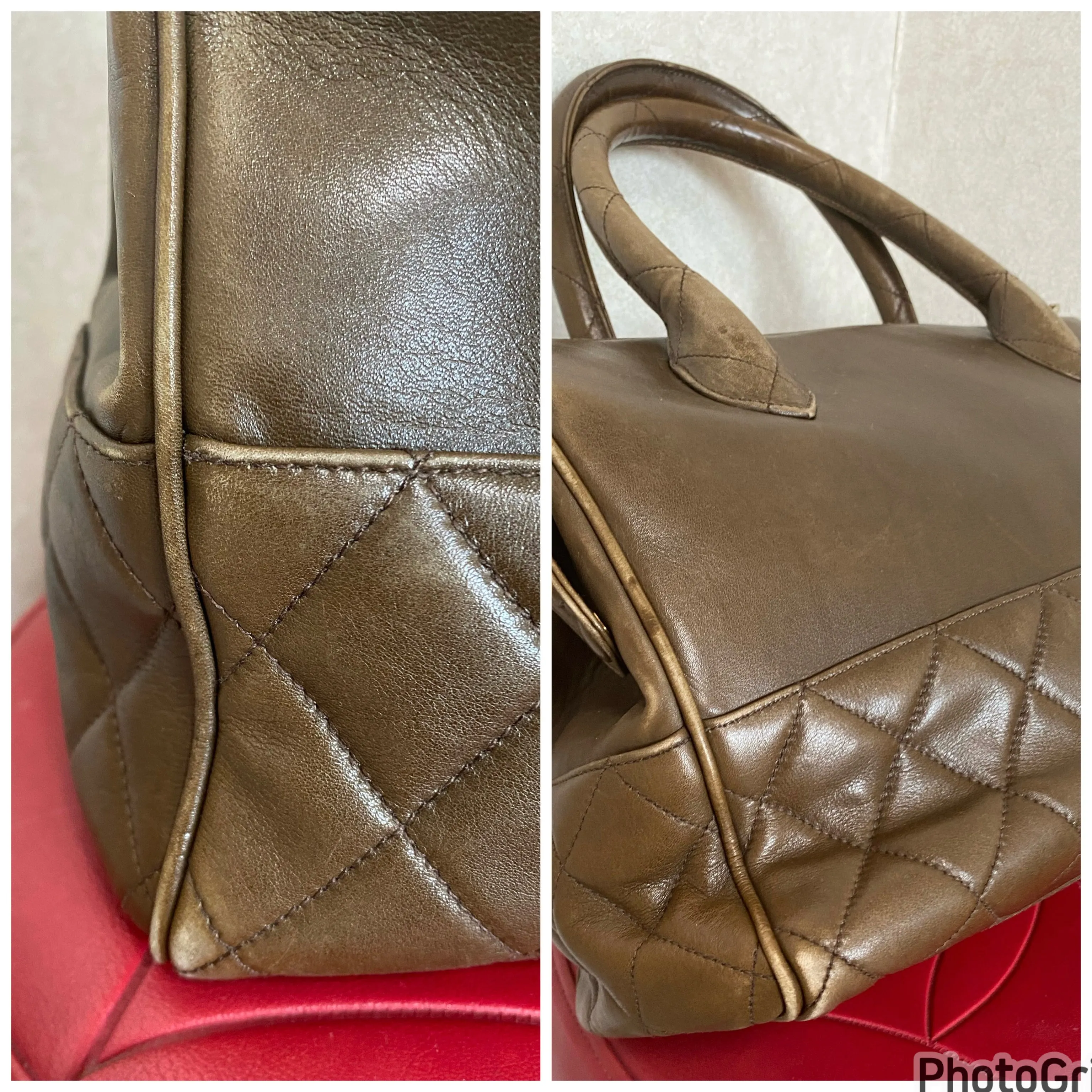 Vintage CHANEL brown lambskin matelasse tote bag, handbag golden large CC charm. Classic purse for daily use. 050630