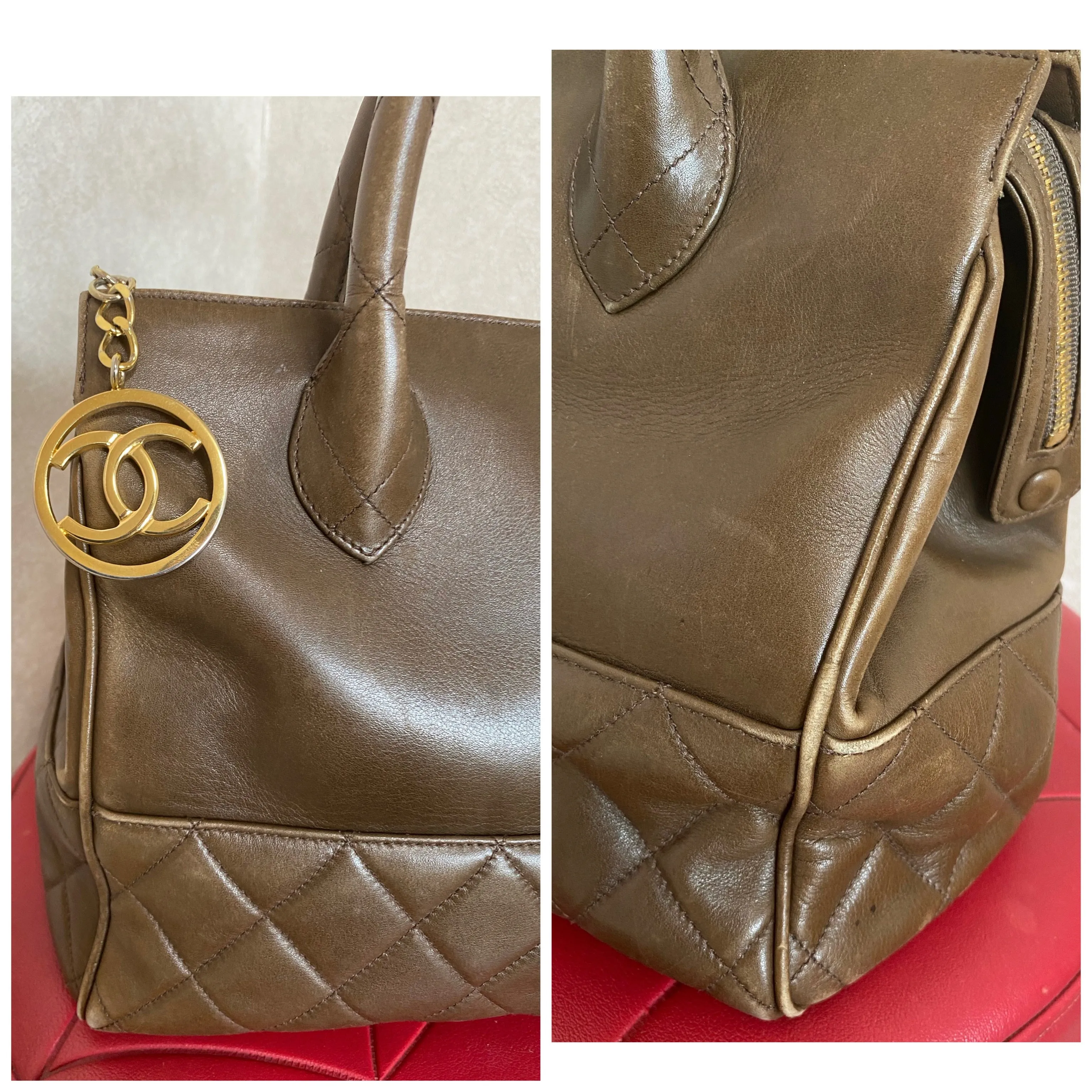 Vintage CHANEL brown lambskin matelasse tote bag, handbag golden large CC charm. Classic purse for daily use. 050630