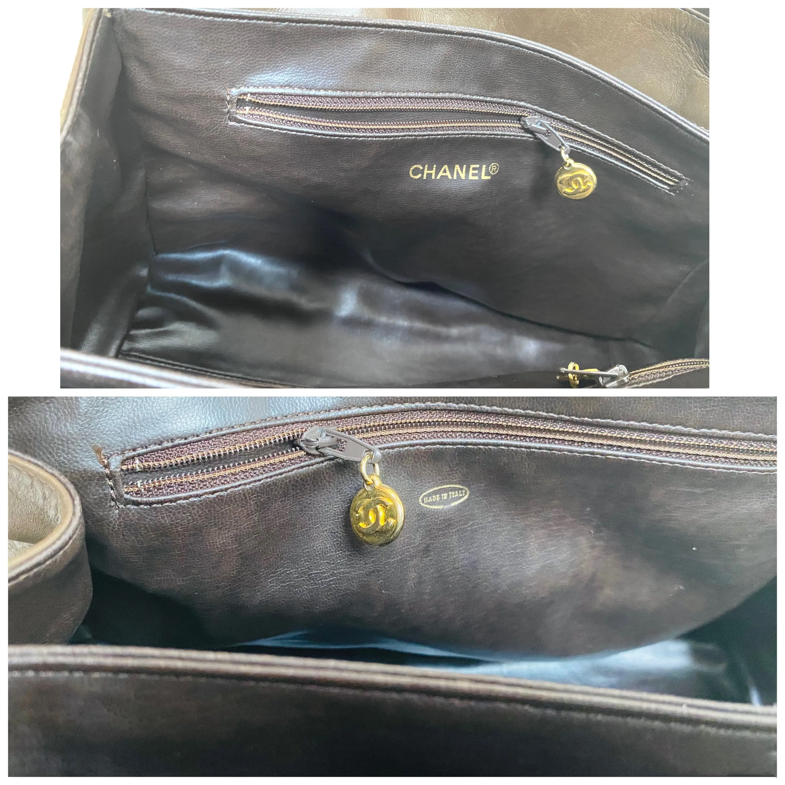Vintage CHANEL brown lambskin matelasse tote bag, handbag golden large CC charm. Classic purse for daily use. 050630