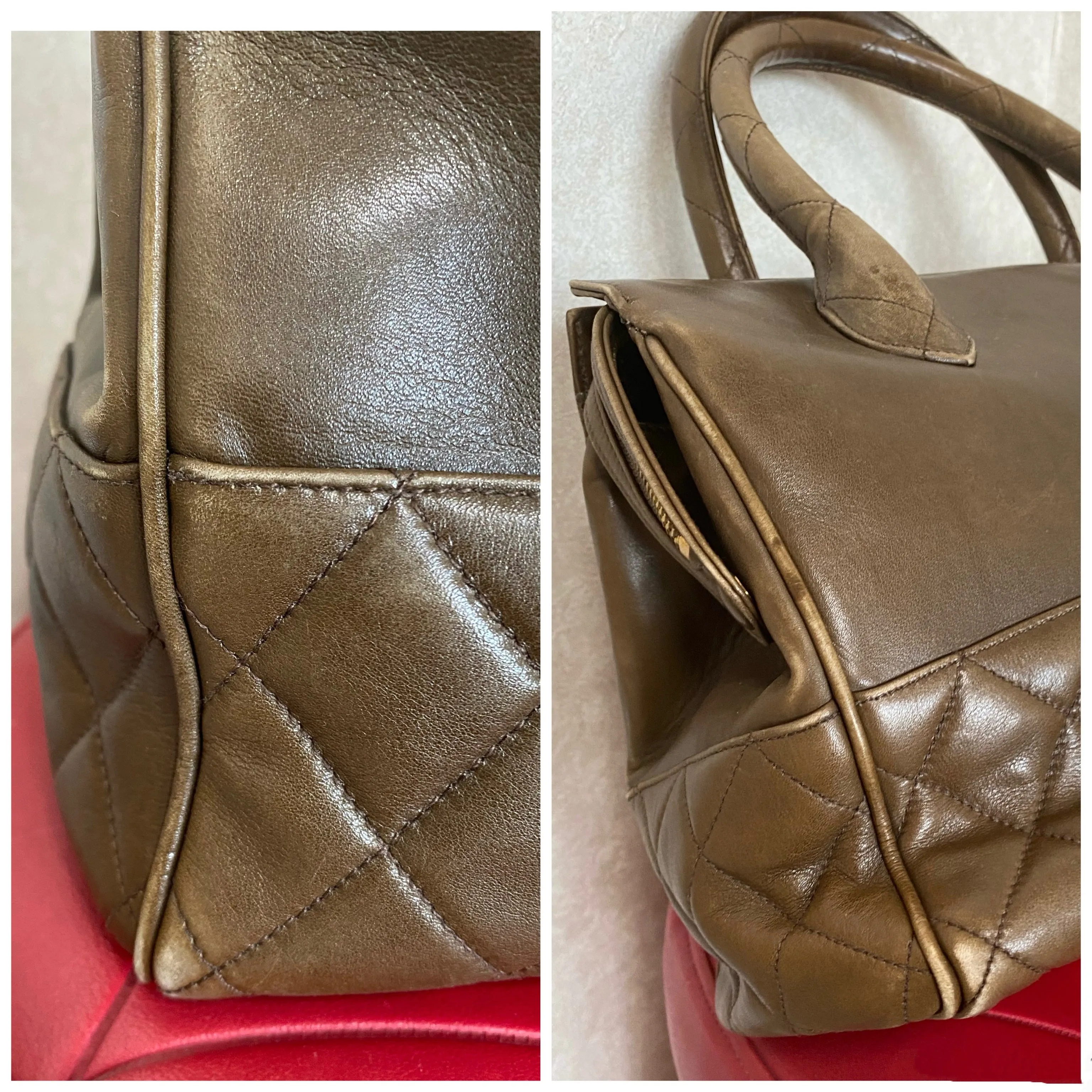 Vintage CHANEL brown lambskin matelasse tote bag, handbag golden large CC charm. Classic purse for daily use. 050630