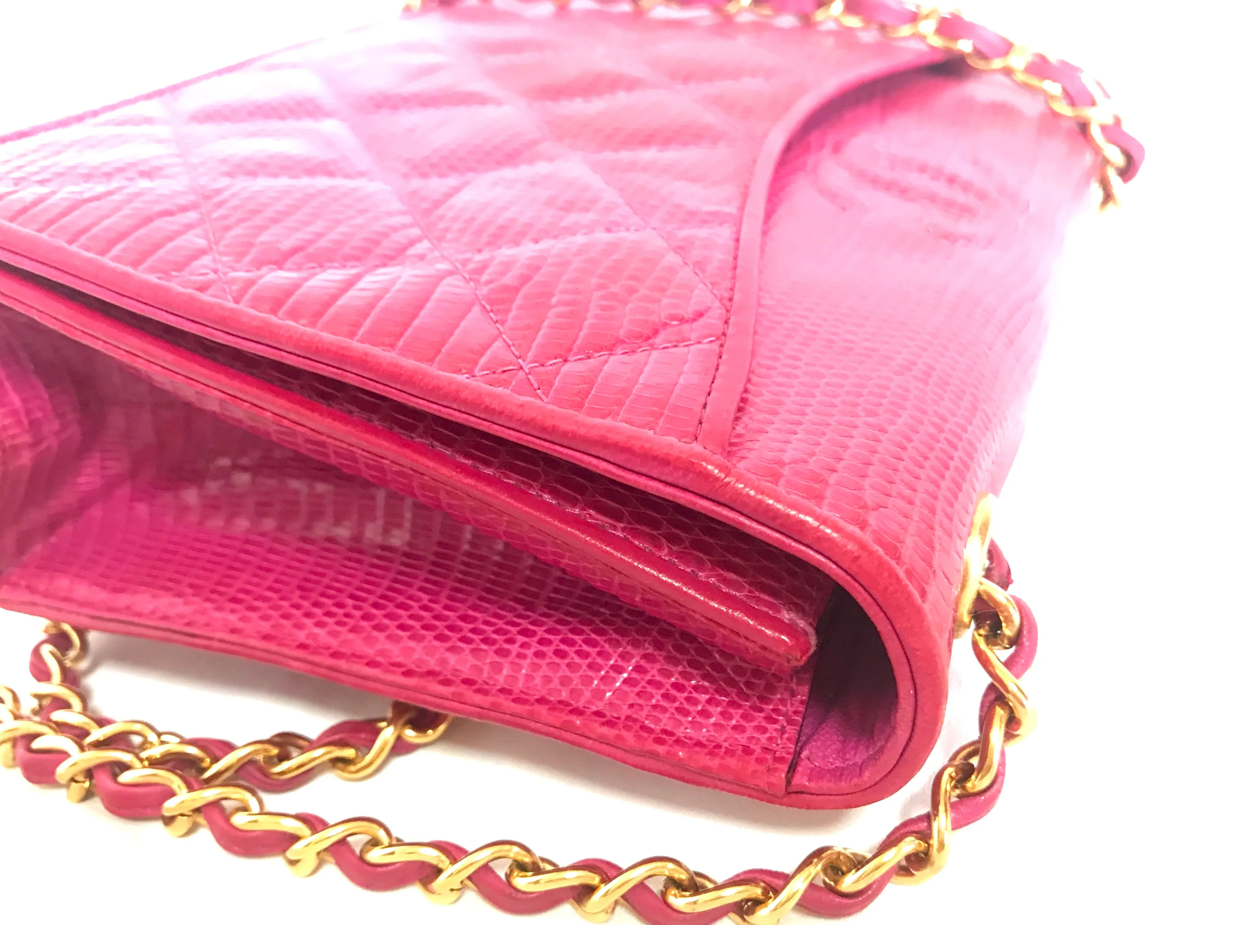 Vintage CHANEL hot pink genuine lizard leather envelop style flap shoulder bag with CC stitch mark and golden chain strap. Rare masterpiece. 050316r2