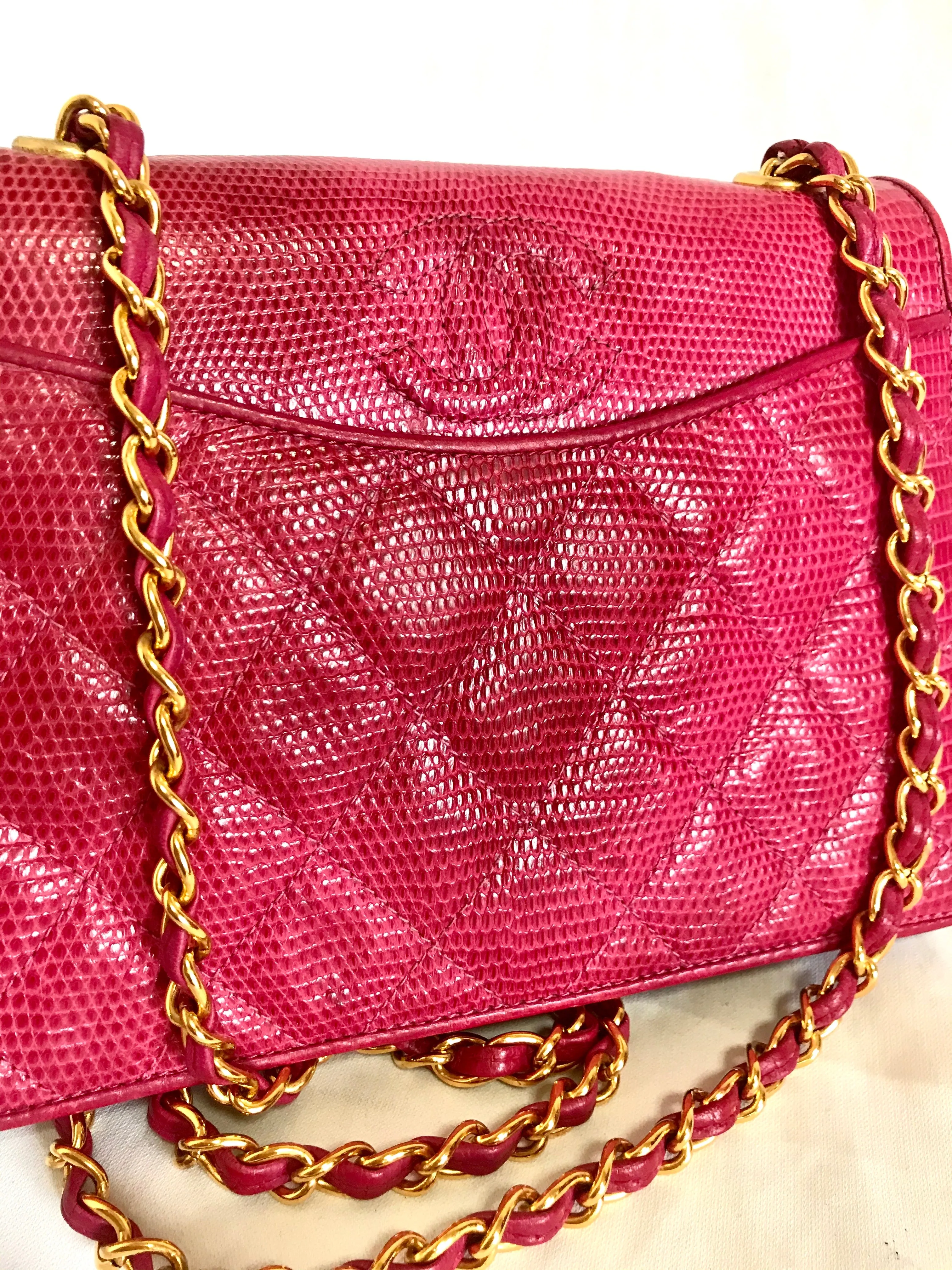 Vintage CHANEL hot pink genuine lizard leather envelop style flap shoulder bag with CC stitch mark and golden chain strap. Rare masterpiece. 050316r2