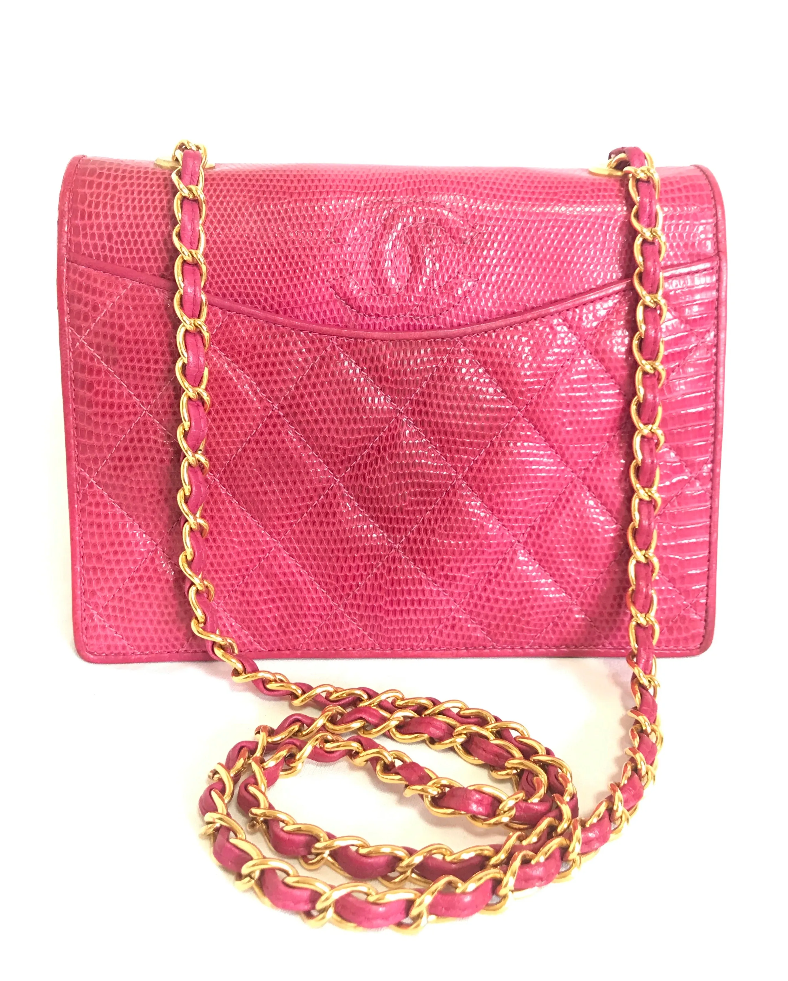 Vintage CHANEL hot pink genuine lizard leather envelop style flap shoulder bag with CC stitch mark and golden chain strap. Rare masterpiece. 050316r2