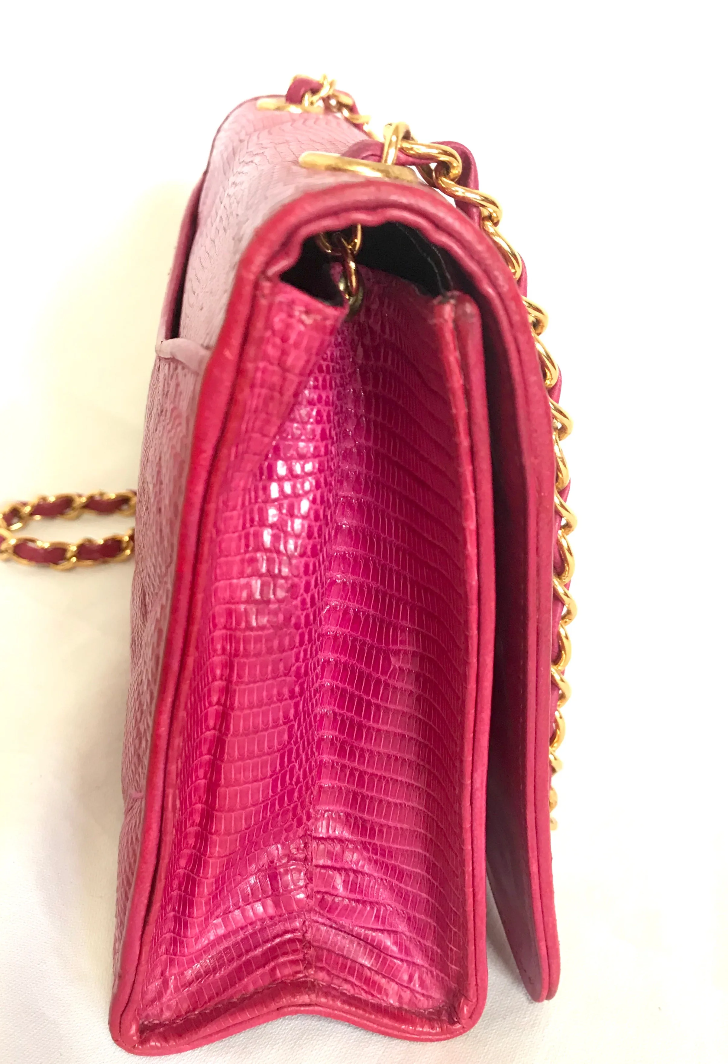 Vintage CHANEL hot pink genuine lizard leather envelop style flap shoulder bag with CC stitch mark and golden chain strap. Rare masterpiece. 050316r2