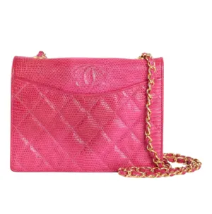 Vintage CHANEL hot pink genuine lizard leather envelop style flap shoulder bag with CC stitch mark and golden chain strap. Rare masterpiece. 050316r2