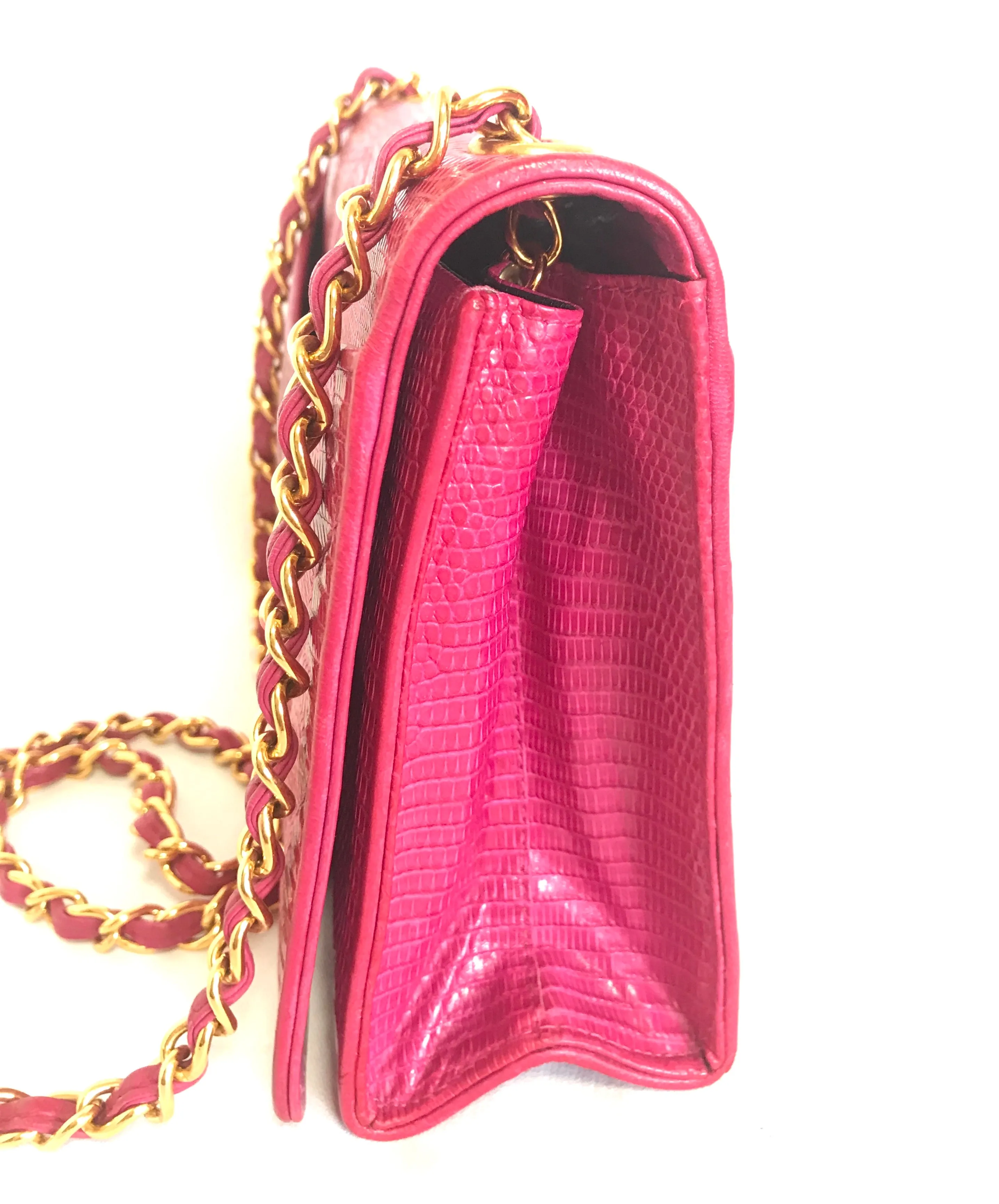 Vintage CHANEL hot pink genuine lizard leather envelop style flap shoulder bag with CC stitch mark and golden chain strap. Rare masterpiece. 050316r2