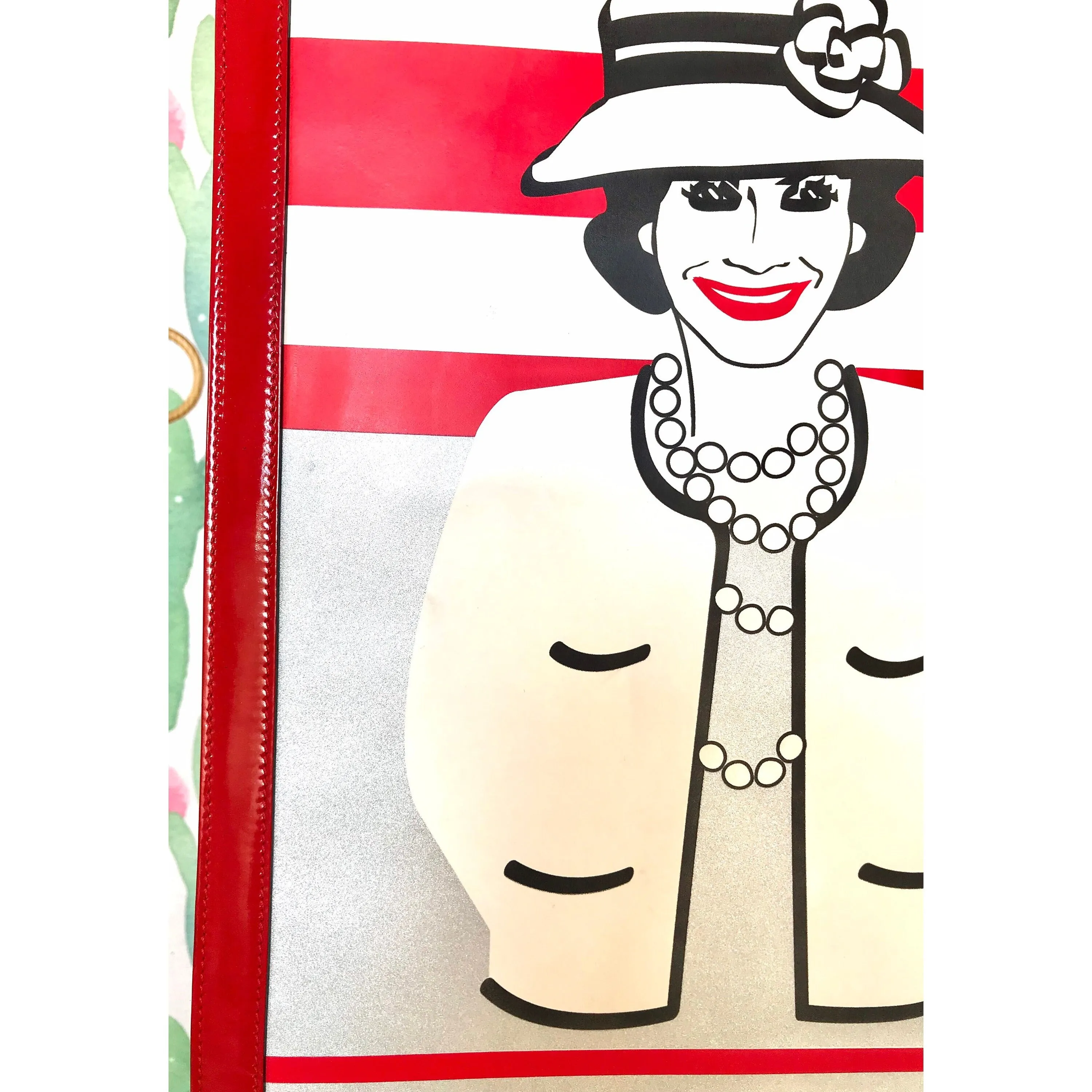 Vintage CHANEL patent illustration, Gabrielle portrait mademoiselle print enamel tote. Rare Chanel purse with Big Chanel smile. 060702re