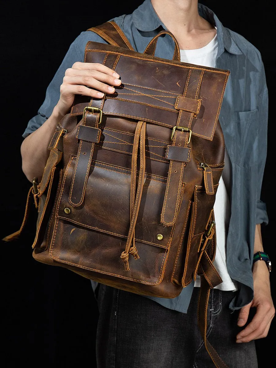 Vintage Crazy Horse Leather men's large capacity Backpack