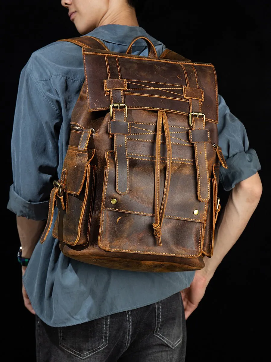 Vintage Crazy Horse Leather men's large capacity Backpack