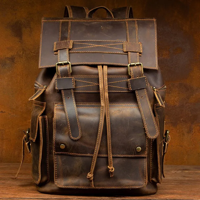 Vintage Crazy Horse Leather men's large capacity Backpack
