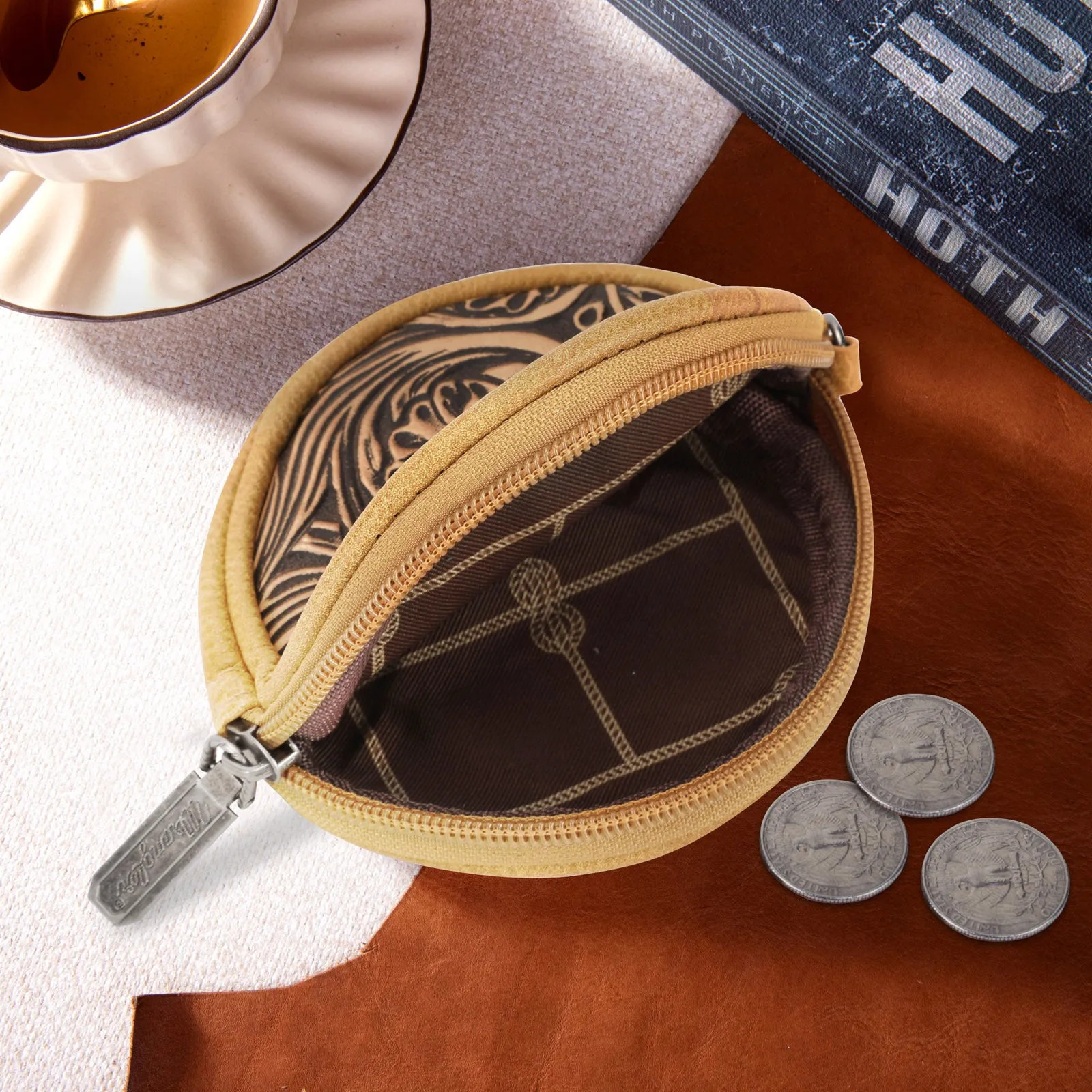 WG116-003  Wrangler Floral Tooled Circular Coin Pouch Bag Charm - Light Brown