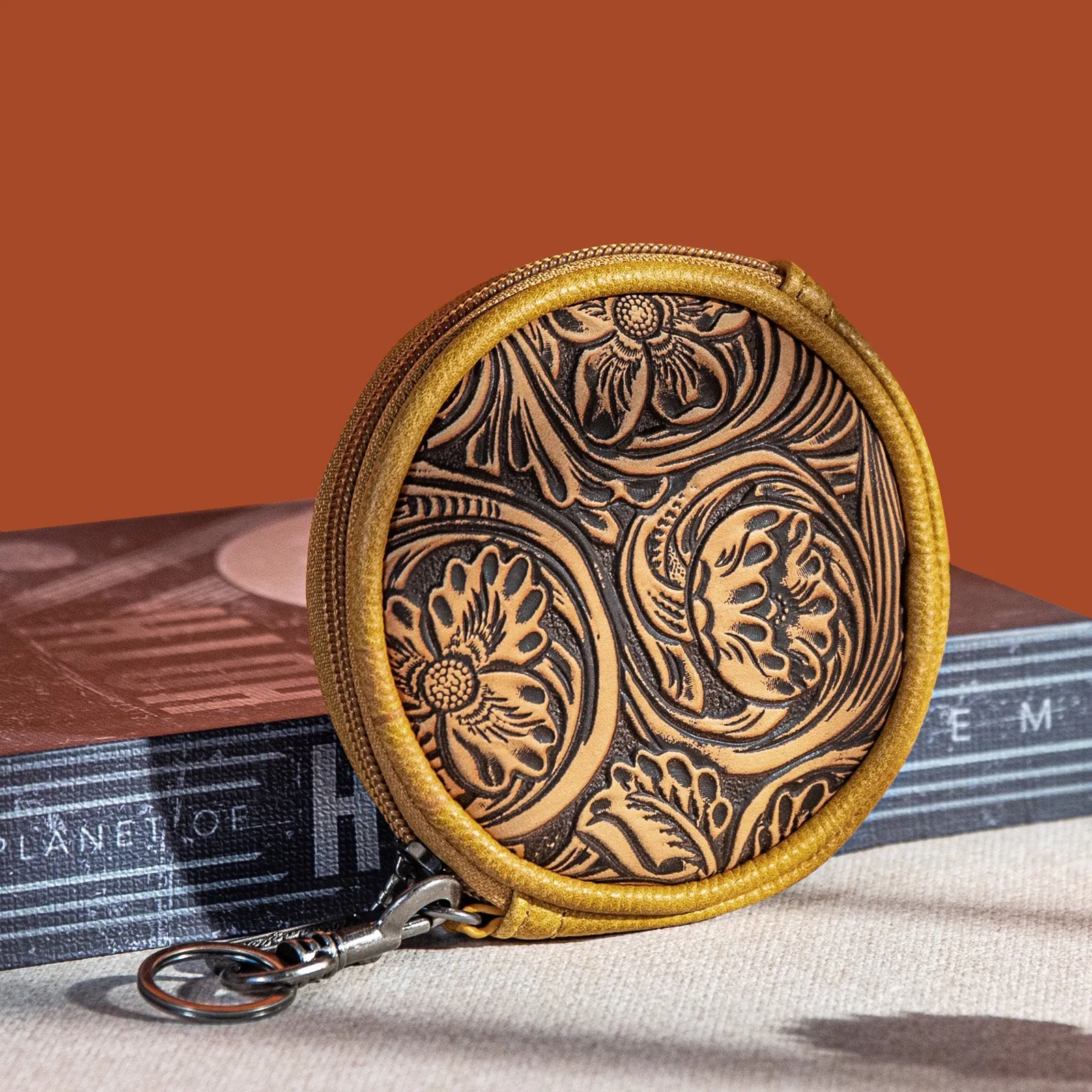 WG116-003  Wrangler Floral Tooled Circular Coin Pouch Bag Charm - Light Brown