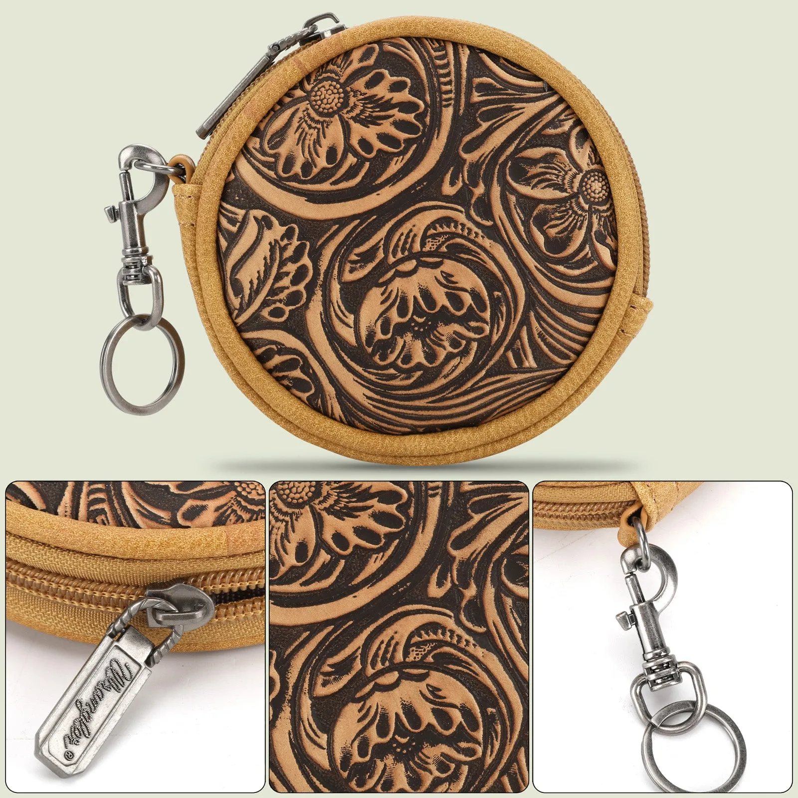 WG116-003  Wrangler Floral Tooled Circular Coin Pouch Bag Charm - Light Brown