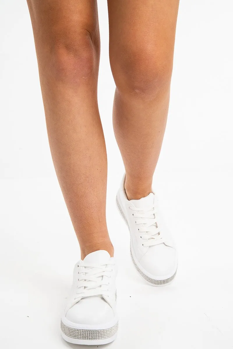 White Faux Leather Diamante Cleated Sole Trainers - Jevaeh