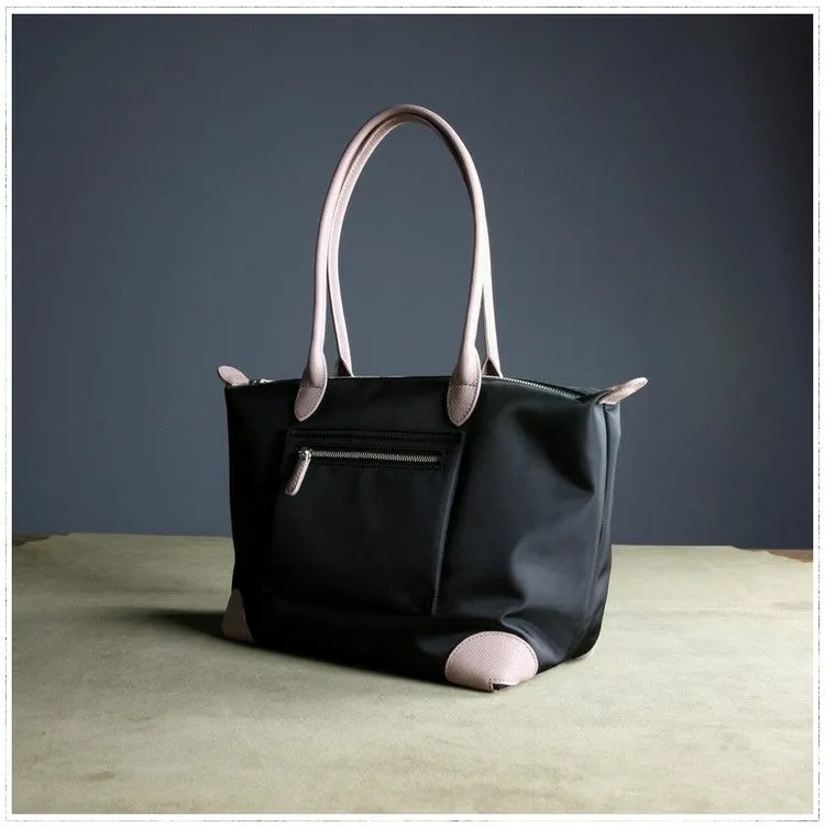Womens Black Nylon Shoulder Tote Large Light Pink&Black Nylon Handbag Purse for Ladies