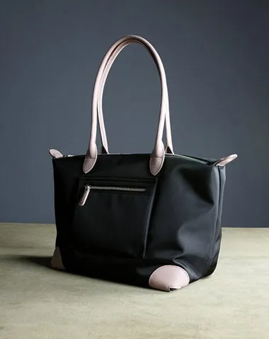 Womens Black Nylon Shoulder Tote Large Light Pink&Black Nylon Handbag Purse for Ladies