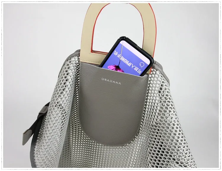 Womens Khaki Net Polyester Leather Tote Handbag Purse Polyester Tote Shoulder Bag Purse for Ladies