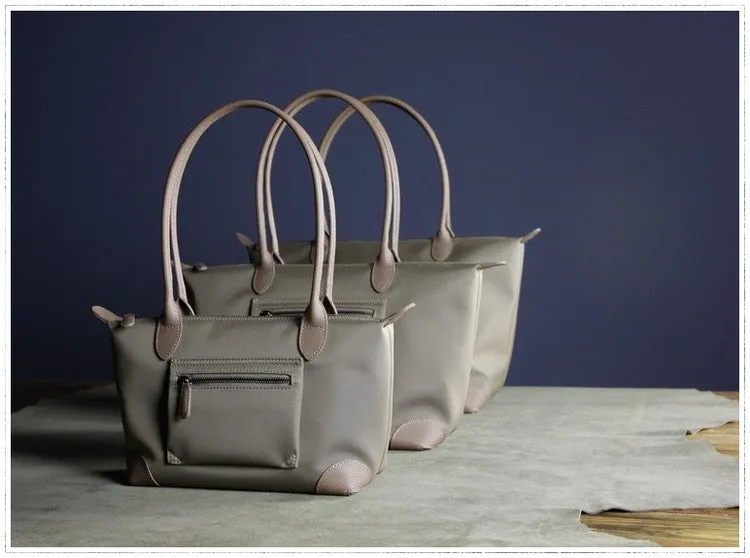 Womens Navy&Brown Nylon Shoulder Tote Medium Dark Blue Nylon&Brown Handbag Purse for Ladies