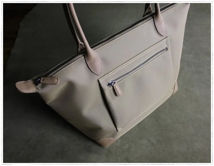 Womens Navy&Brown Nylon Shoulder Tote Medium Dark Blue Nylon&Brown Handbag Purse for Ladies