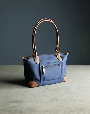 Womens Navy&Brown Nylon Shoulder Tote Medium Dark Blue Nylon&Brown Handbag Purse for Ladies