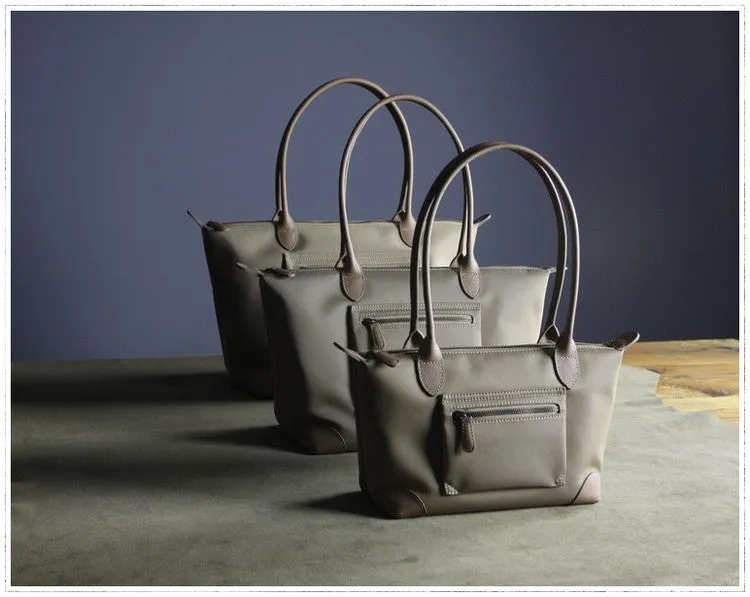 Womens Navy&Brown Nylon Shoulder Tote Medium Dark Blue Nylon&Brown Handbag Purse for Ladies