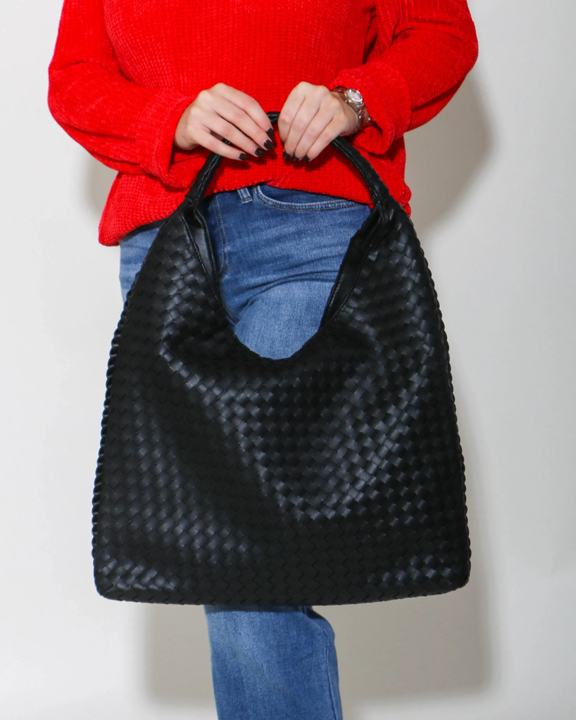 Woven Shoulder Hobo Bag in Black