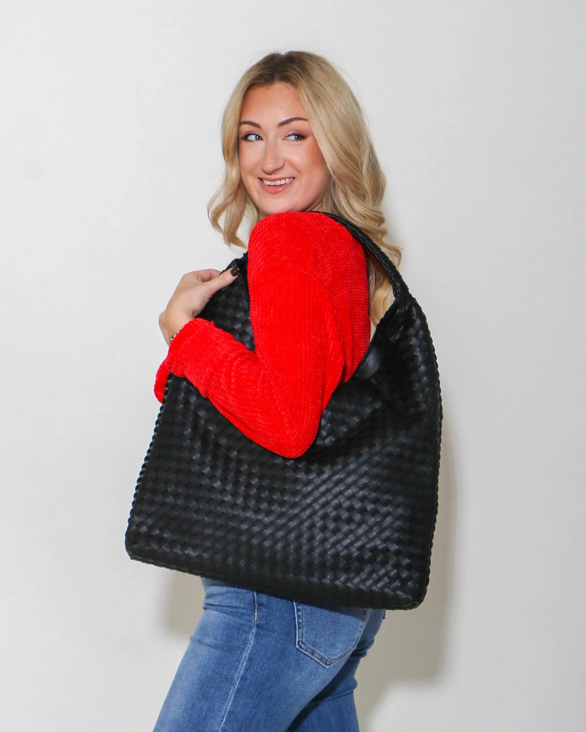 Woven Shoulder Hobo Bag in Black