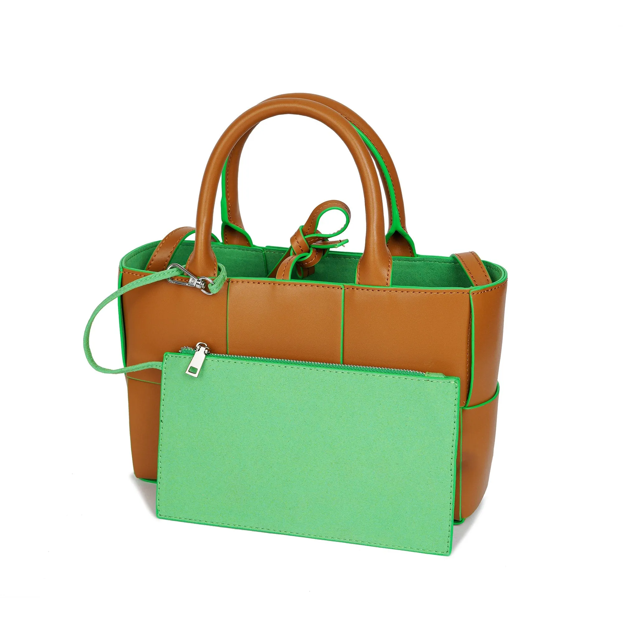 Woven Smooth Leather Top-Handle Shoulder Bag