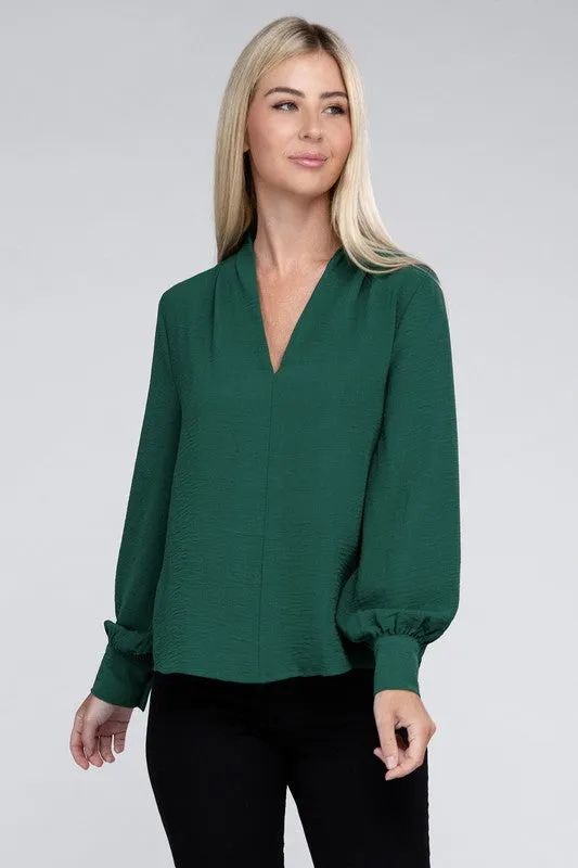ZENANA Woven Airflow V-Neck Long Sleeve Top