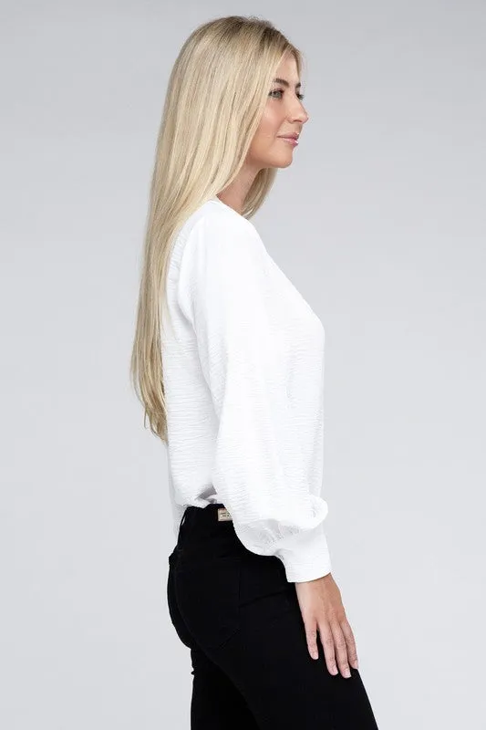 ZENANA Woven Airflow V-Neck Long Sleeve Top