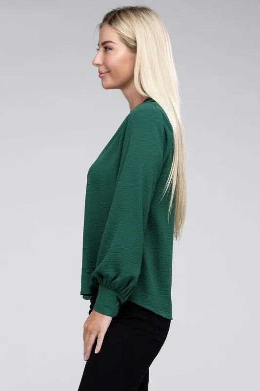 ZENANA Woven Airflow V-Neck Long Sleeve Top