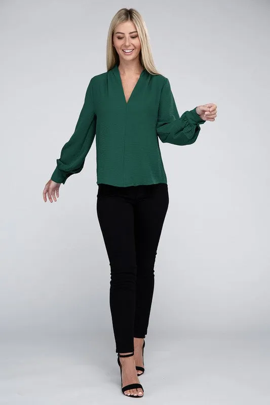 ZENANA Woven Airflow V-Neck Long Sleeve Top
