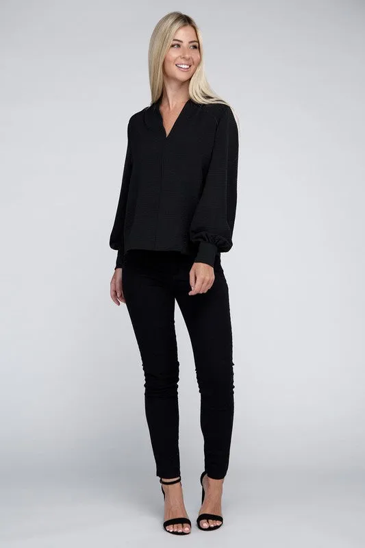 ZENANA Woven Airflow V-Neck Long Sleeve Top