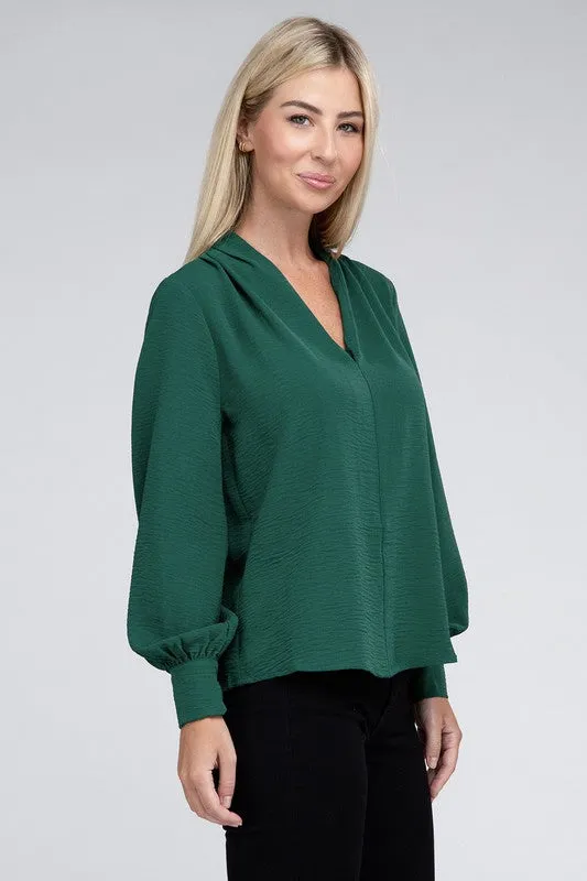 ZENANA Woven Airflow V-Neck Long Sleeve Top