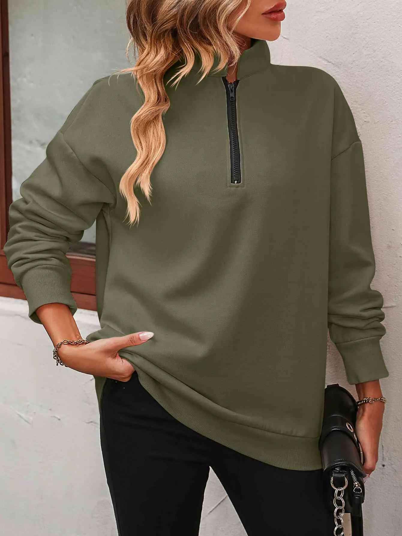Zip-Up Dropped Shoulder Sweatshirt (7 Colors)
