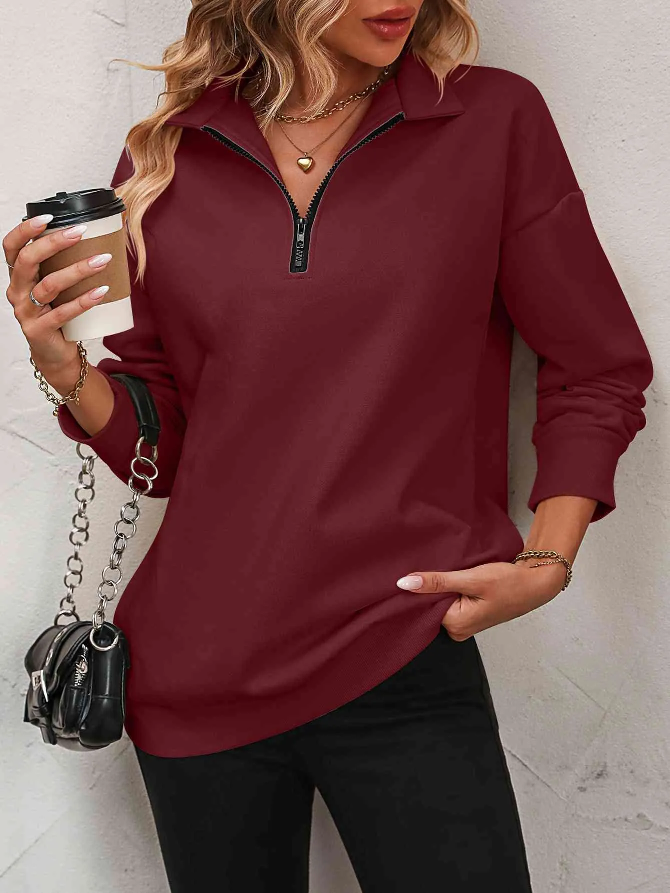 Zip-Up Dropped Shoulder Sweatshirt (7 Colors)