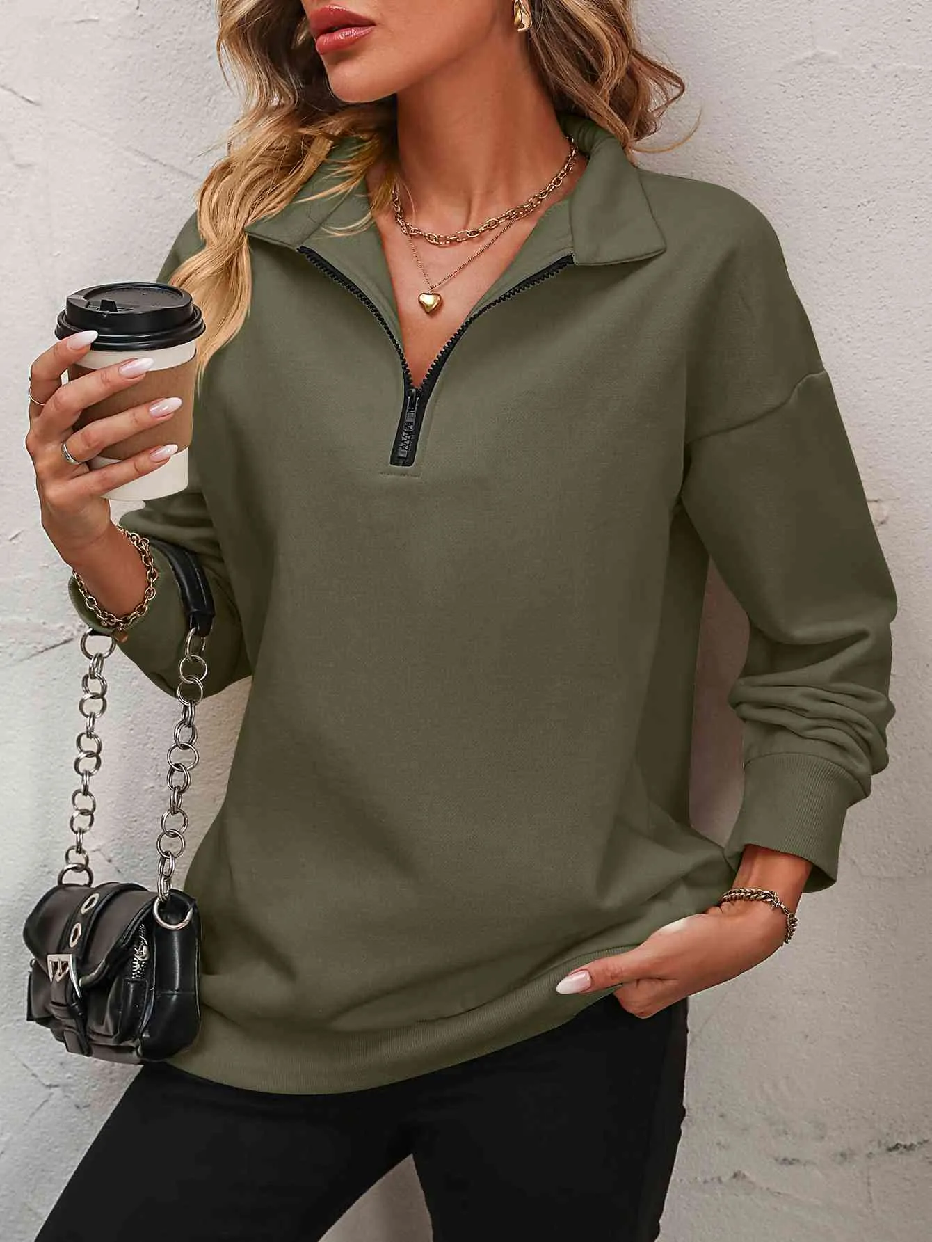 Zip-Up Dropped Shoulder Sweatshirt (7 Colors)